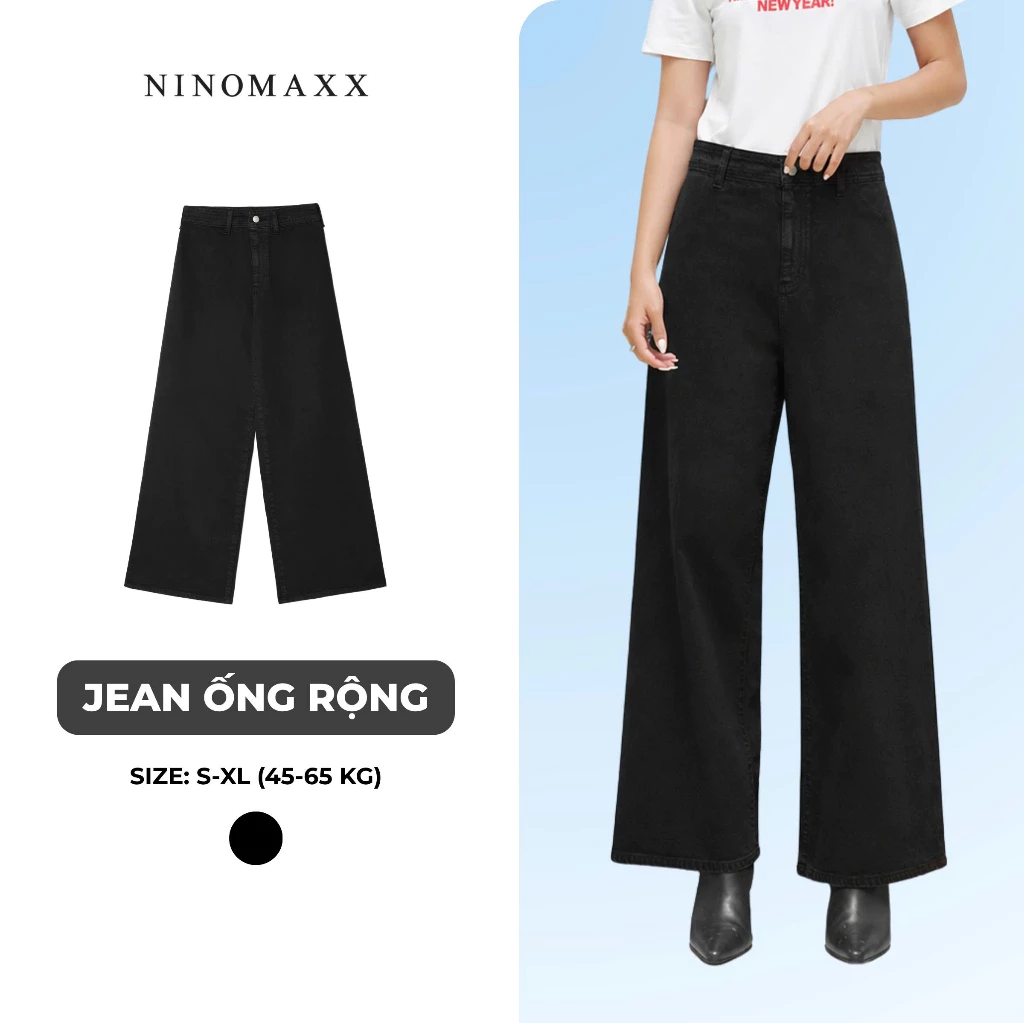 Quần Jean Nữ Màu Đen Lưng Cao Ống Rộng Tôn Dáng Ninomaxx 2601003