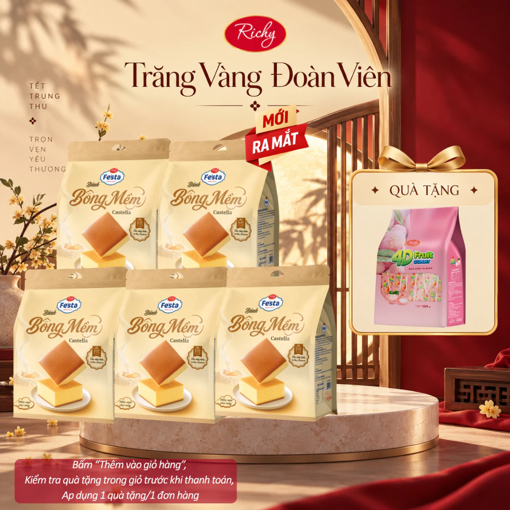 [HỎA TỐC HN[[TẶNG KẸO 4D] Combo 5 Túi Bánh Richy Fe'sta Bông Mềm Castella Bánh Ăn Sáng Ăn Vặt Tiện Lợi(3 bánh/túi)