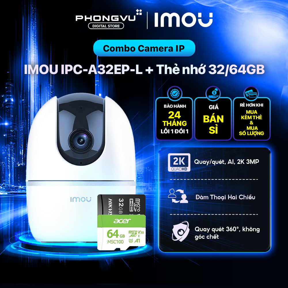 Camera Wifi IMOU A32EP 2K 3MP - Quay Quét 355°, AI Phát Hiện Người, Đàm Thoại…