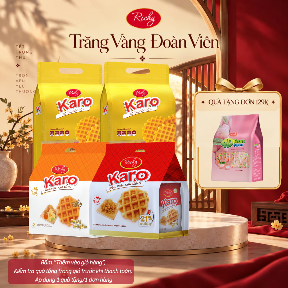[HỎA TỐC HN][TẶNG KẸO 4D] Combo 4 bánh Karo Richy: 2 Túi Karo bơ trứng giòn 150g & 2 Túi Karo phô mai, sợi gà