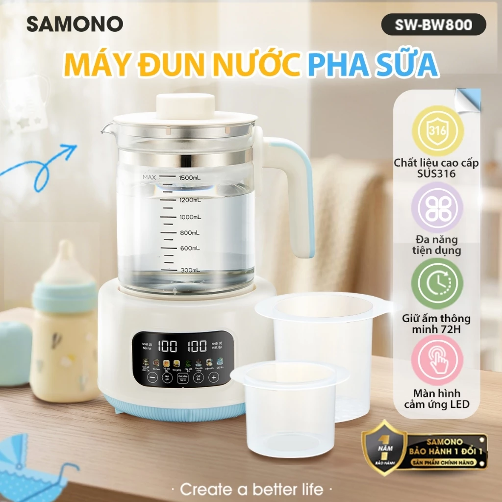 Máy Đun Nước Pha Sữa 1.5 Lít SAMONO SW-BW800, Máy Hâm Sữa Cho Bé Khử Clo Giữ Nhiệt 72h Đa Năng
