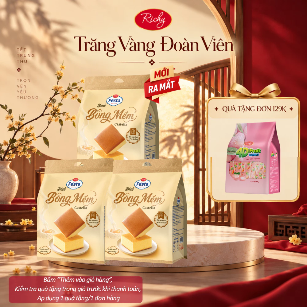 [Quà Tặng Đơn 129k] Combo 3 Túi Bánh Richy Fe'sta Bông Mềm Castella Mềm Mịn Bánh Ăn Sáng Ăn Vặt Tiện Lợi (3 bánh/túi)
