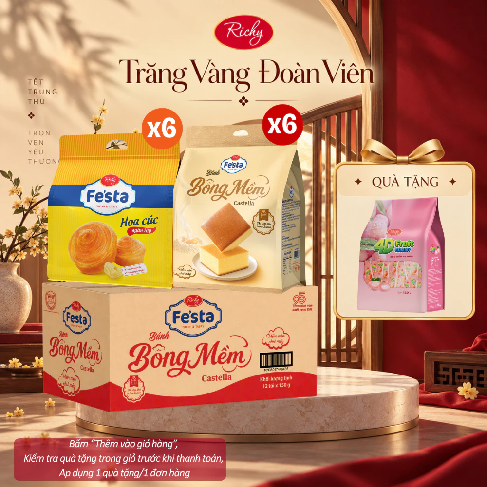[TẶNG KẸO 4D] Thùng 12 Túi Bánh Tươi Richy: Bánh Mì Hoa Cúc Fe'sta & Bánh Bông Mềm Castella Ăn Sáng