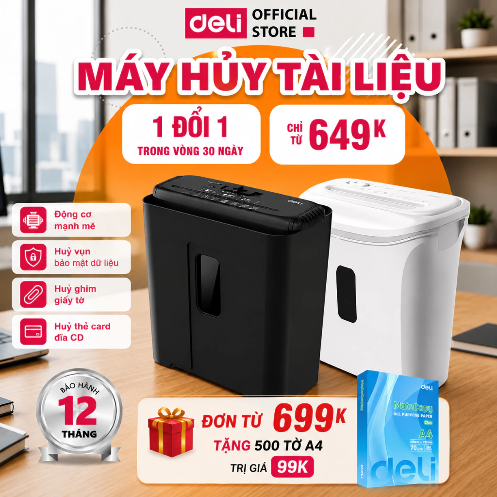 [TẶNG GIẤY A4] Máy Hủy Tài Liệu DELI Máy Cắt Giấy Huỷ Card CD Máy Bảo Mật Thông Tin Dữ Liệu Cho Doanh Nghiệp, Văn Phòng