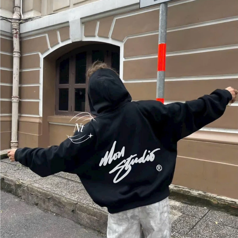 Áo Hoodie Thêu Nổi MONZ STUDIO vải nỉ bông dày dặn nón rộng form boxy khoác ngoài nam nữ
