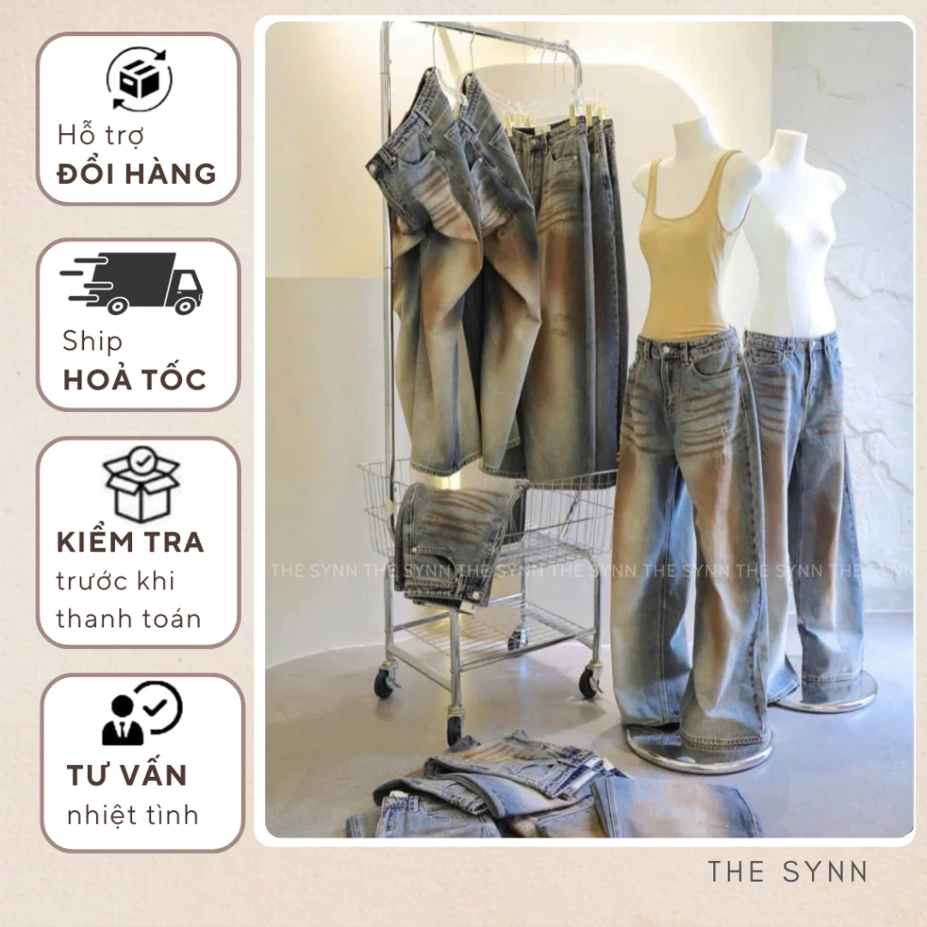 Q02 - Quần Jeans Nữ Ống Suông, Lưng Cao Trơn Phối Wash Dơ