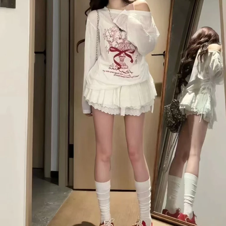 Áo Giấy Nữ Trễ Vai Form Rộng In Hình Hot Trend, Áo Thun Cotton Giấy Nữ Dài Tay Lệch Vai Style Hàn Quốc