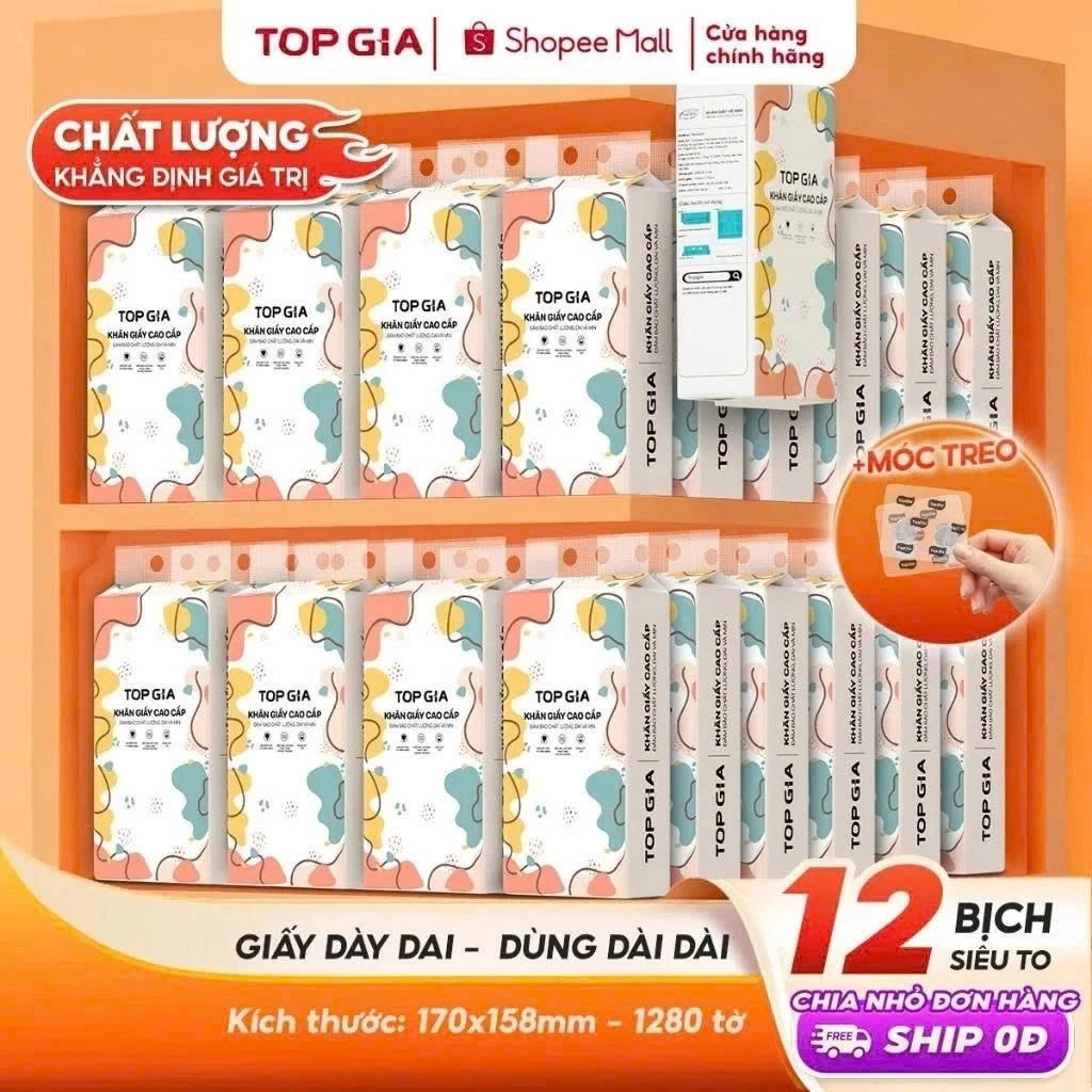[SIÊU TO, CAO CẤP] Giấy vệ sinh treo tường TopGia thùng 10 12 8 6 bịch đa sắc, combo tiết kiệm 1280 tờ