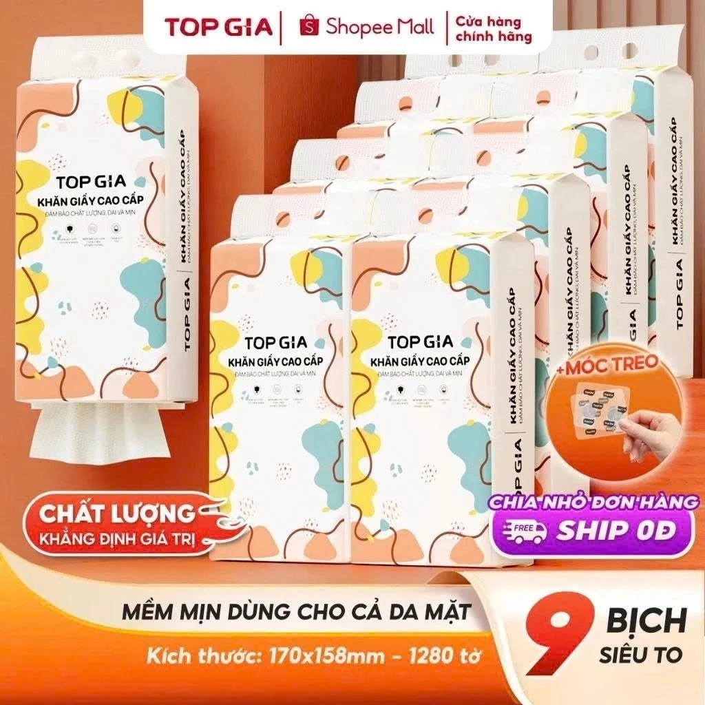 [9 BỊCH CỠ ĐẠI ĐẶC BIỆT] Khăn giấy rút Top Gia thùng 6, 9 bịch treo tường tiện lợi siêu dai mềm mịn