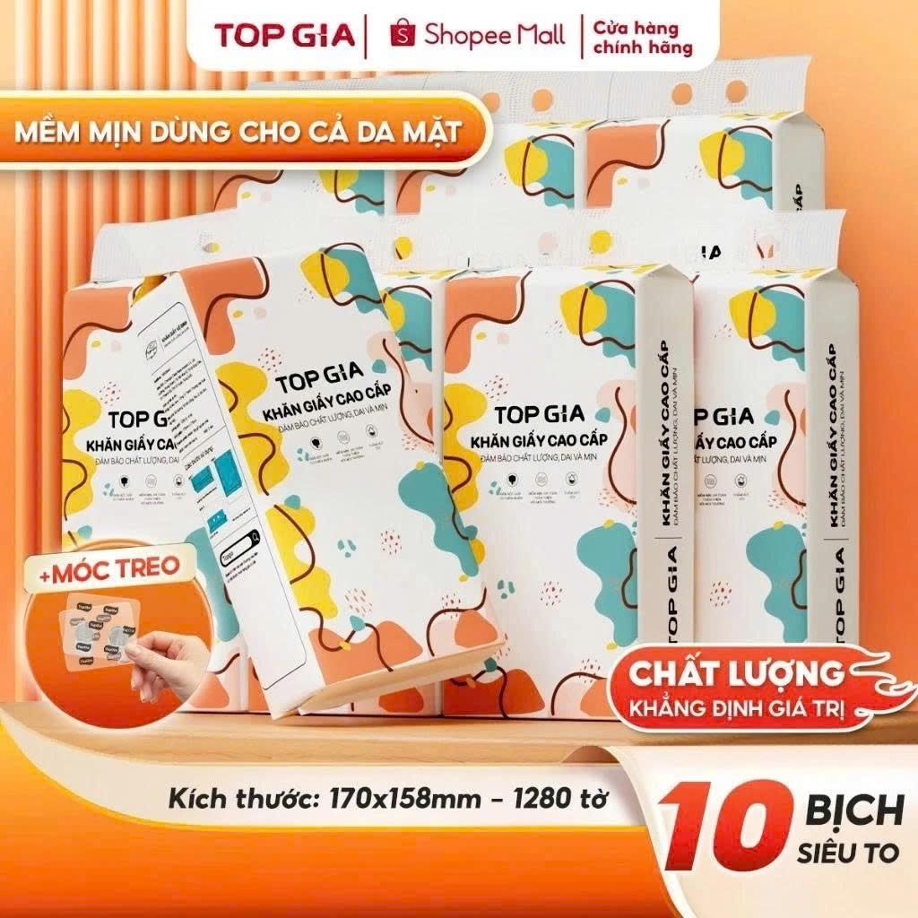 Thùng 10 bịch khăn giấy rút Top Gia treo tường đa sắc 1280 tờ, siêu dai và mềm…