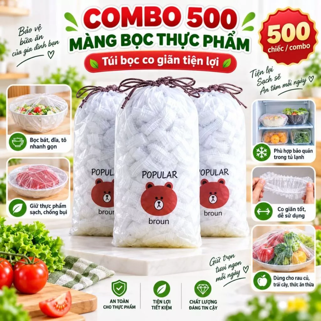 Túi Màng bọc thực phẩm VINALUXURY Chất liệu PE có chun, Túi gấu bọc đồ ăn thực phẩm có thể tái sử đụng