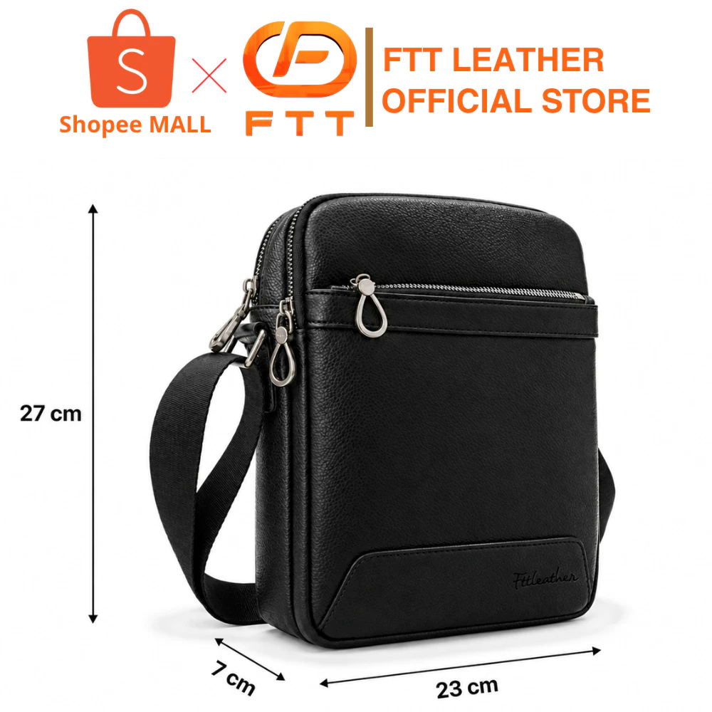 Túi đeo chéo cao cấp da bò FTT Leather màu đen thiết kế trơn đơn giản, tiện lợi kích thước 27cmx23cm