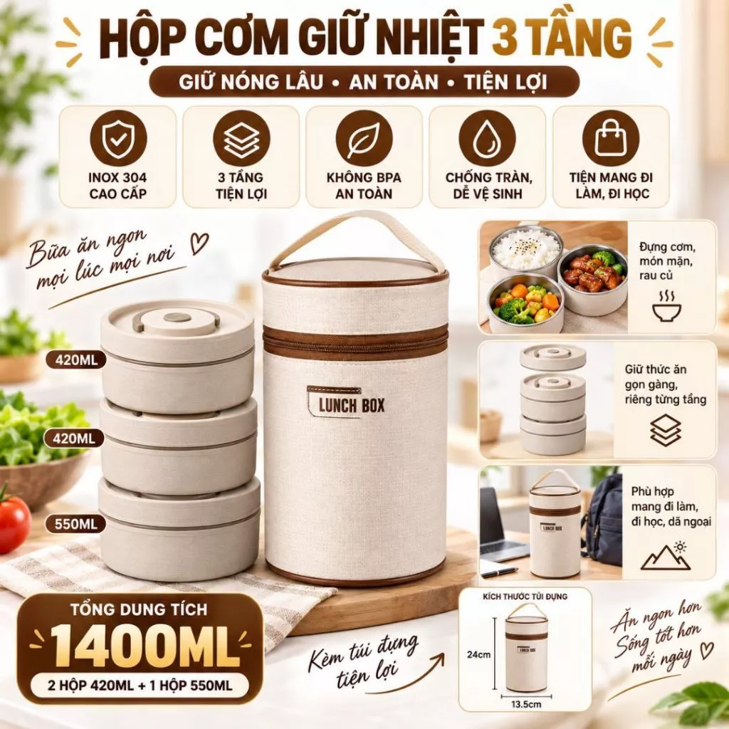 Hộp Đựng Cơm Giữ Nhiệt Kèm Túi 3 Tầng VINALUXURY Hộp Cơm Văn Phòng Cách Nhiệt 3 Tầng Không Gỉ Tiện Lợi
