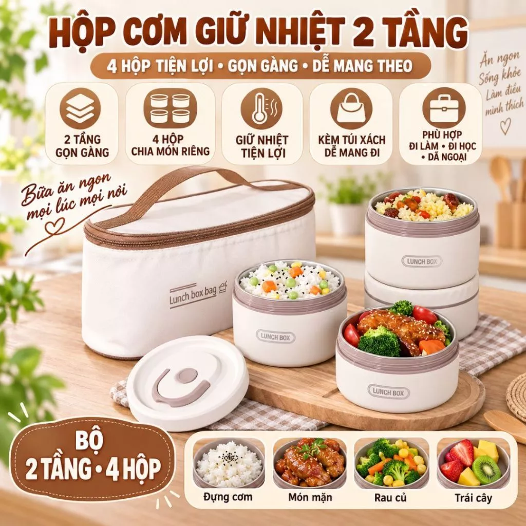 Hộp Đựng Cơm Giữ Nhiệt Kèm Túi 2 Tầng 4 Hộp Cơm Văn Phòng Cách Nhiệt Thép Không Gỉ Tiện Lợi