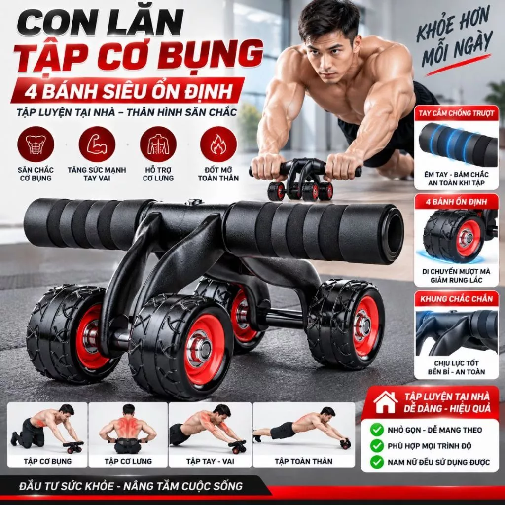 Con Lăn Tập Cơ Bụng 4 bánh Cao Cấp - Dụng cụ tập thể dục tại nhà ( VINALUXURY )