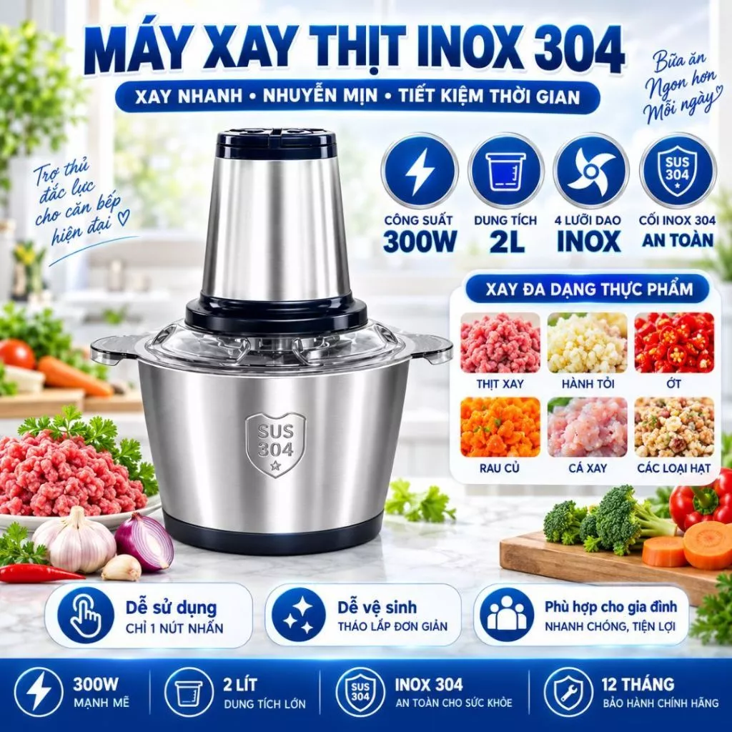 [BH 1NĂM] TRỌN BỘ Máy xay thịt, máy xay đa năng, công suất 250W, TRỤC INOX, cối inox304, 4 lưỡi dao, XAY ĐƯỢC CUA