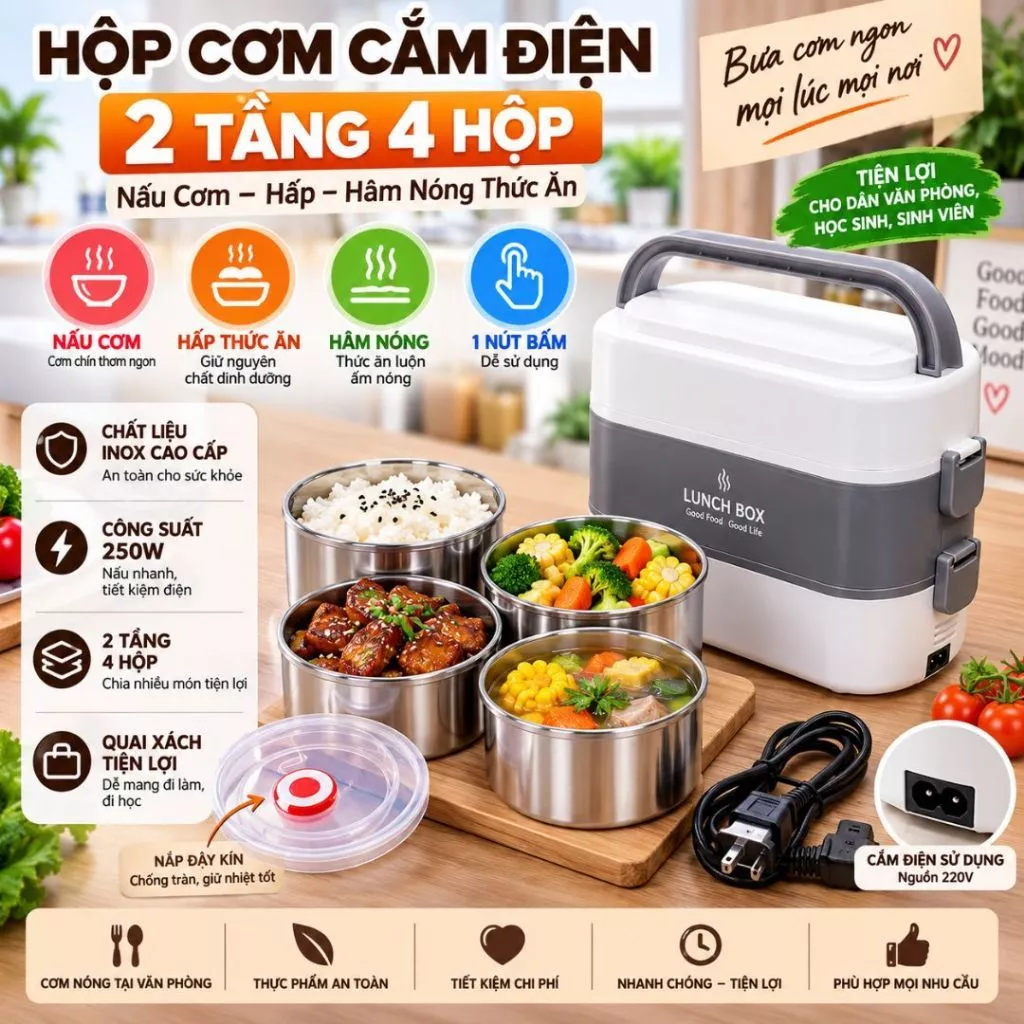 Hộp cơm cắm điện VINALUXURY 2 tầng 4 bát inox giữ nhiệt, hâm nóng và nấu chín thức ăn tiện lợi