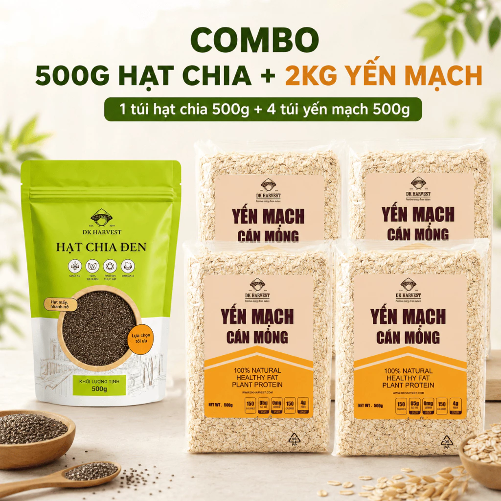 Combo 500g Hạt chia đen + 2kg Yến mạch cán dẹt DK Harvest - tiết kiệm hơn khi mua lẻ
