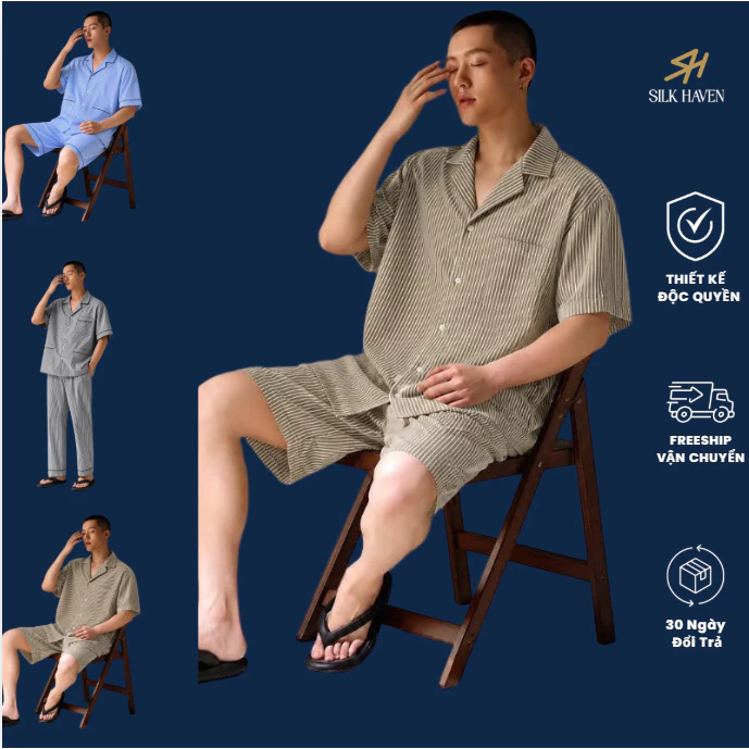 Bộ Pijama Nam Cotton sọc cao cấp tay ngắn - SILK HAVEN SN4 -  Đồ Bộ Cotton basic cộc tay nam cao cấp