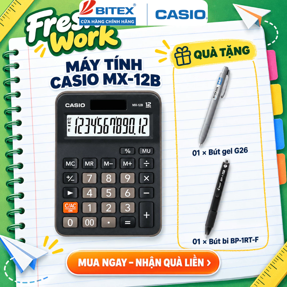 Máy Tính Casio MX-12B (12 Số) Chính Hãng - Gọn Tối, Khóa Nảy Cho Chủ Shop, Kế Toán Bán Hàng