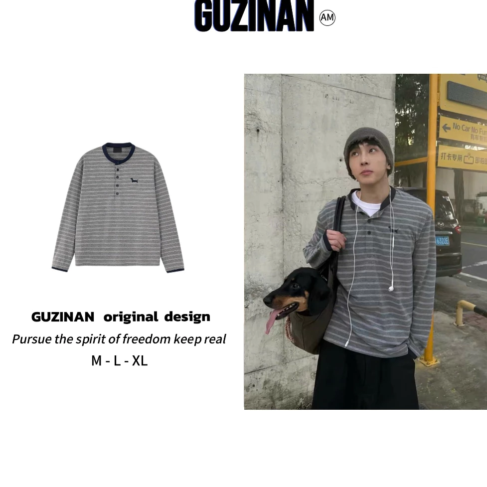 Áo Thun Dài Tay Cotton Kẻ Ngang Thêu Chó Cài Khuy By Guzinan From Rộng Thu Đông Unisex Nam Nữ Trendy AD9111