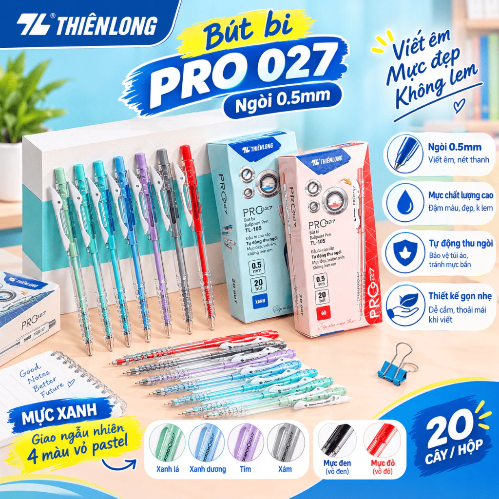 Combo 20 Bút bi Thiên Long Pro 027 ngòi cao cấp 0.5mm, thân bút màu pastel thời trang tự động thu ngòi TL-105