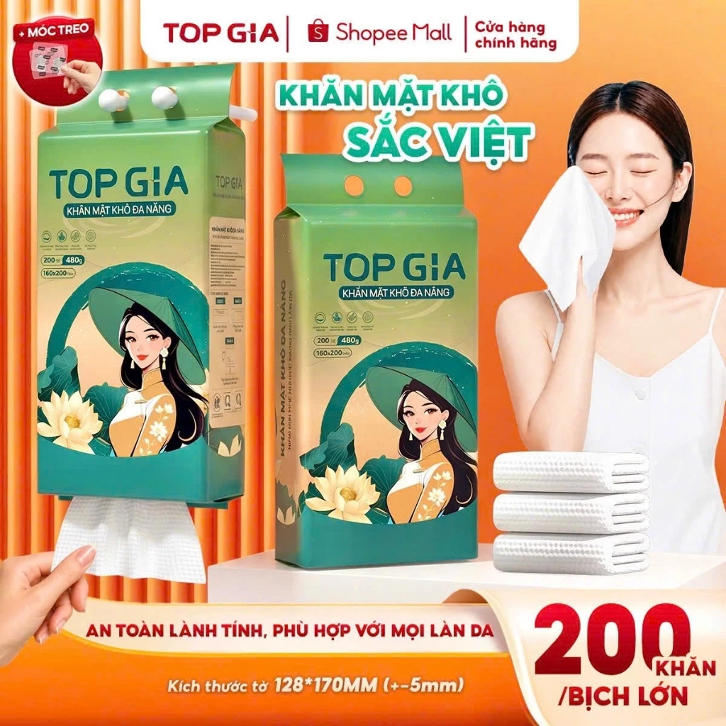 Khăn mặt khô đa năng TopGia Sắc Việt 200 tờ rút, mềm mịn, thấm hút, an toàn, tặng móc treo tường