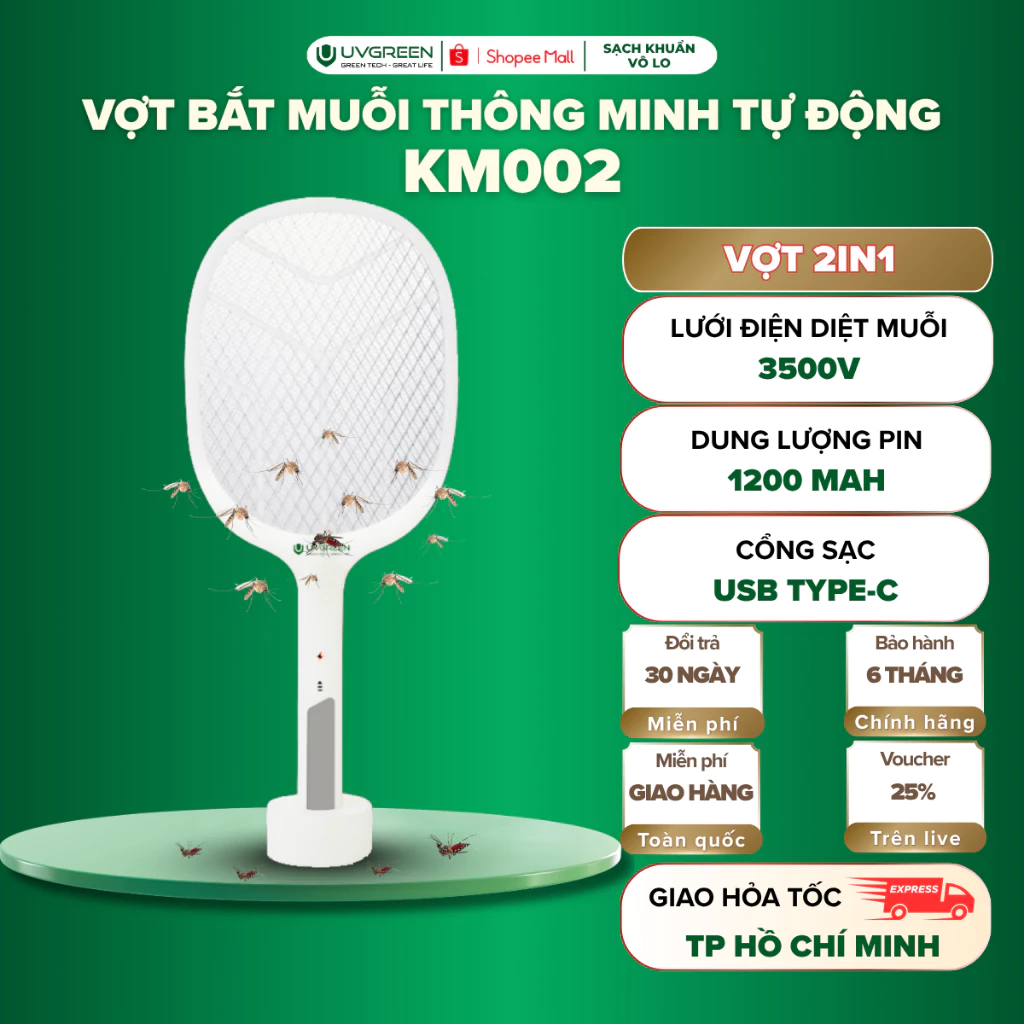 [VHL] Vợt Bắt Muỗi Thông Minh 2in1 KM002 UVGREEN - Tích Hợp Đèn UVA 365nm Thu Hút Muỗi Hiệu Quả