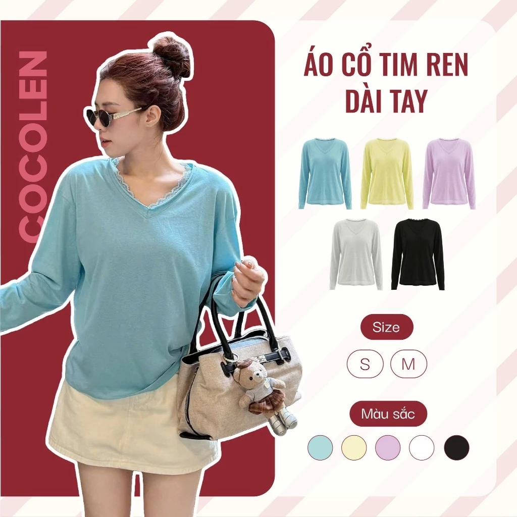 Áo Cổ Tim Ren Tay Dài COCOLEN Form Vừa, Chất Liệu Cotton Giấy Dày Dặn, Thoáng Mát, Co Giãn Nhẹ, Kiểu Hot 2026 - A128