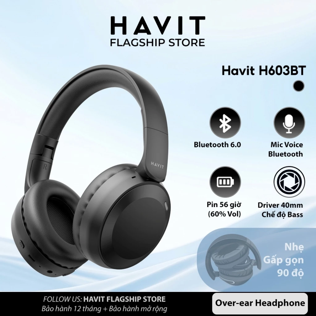 Tai nghe Bluetooth Headphone Havit H603BT Pin 58 tiếng | Bluetooth 6.0