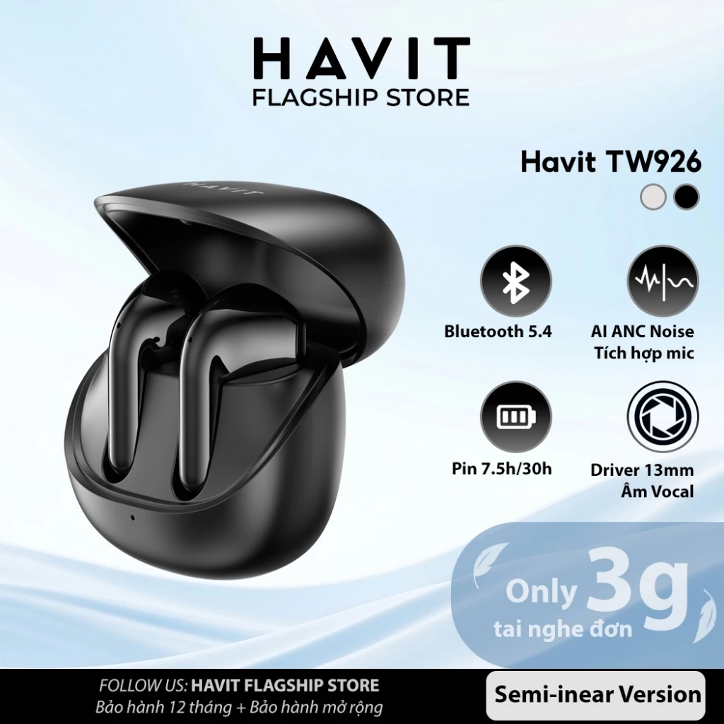 Tai Nghe Không Dây Havit TW926 ENC AI Voice | Kết Nối 1 Bước | Pin 35 Giờ | Bluetooth 5.4