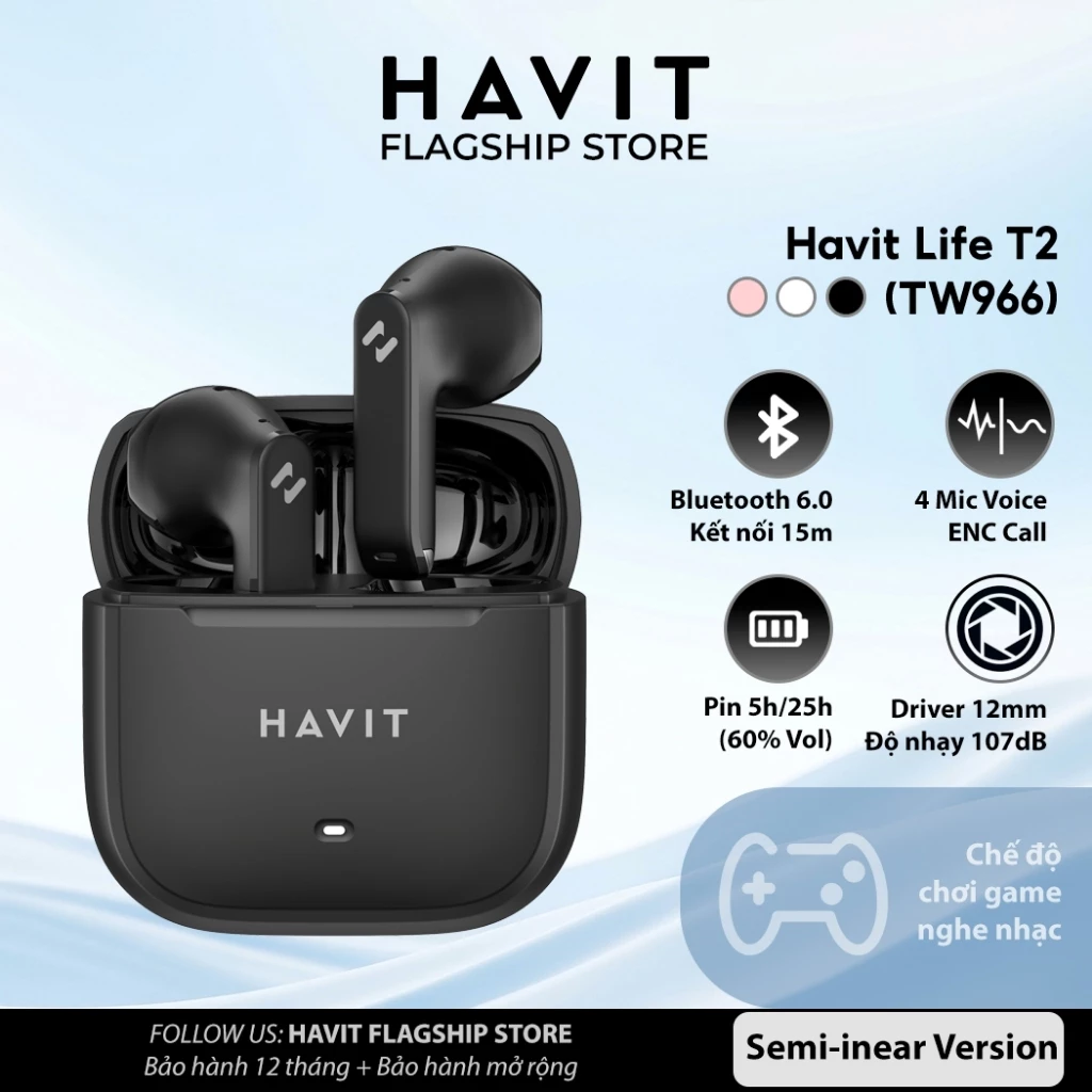 Tai Nghe Không Dây Havit Life T2 (TW966) ENC 4 Mic | Kết Nối 15M | Pin 25 Giờ | Bluetooth 6.0
