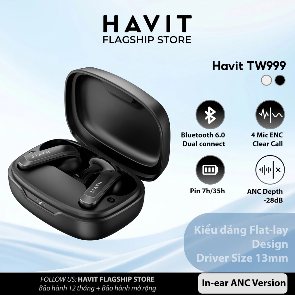 Tai Nghe Không Dây Havit TW999 Dept ANC 28dB Dual Connect | 4 Mic ENC | Bluetooth 6.0