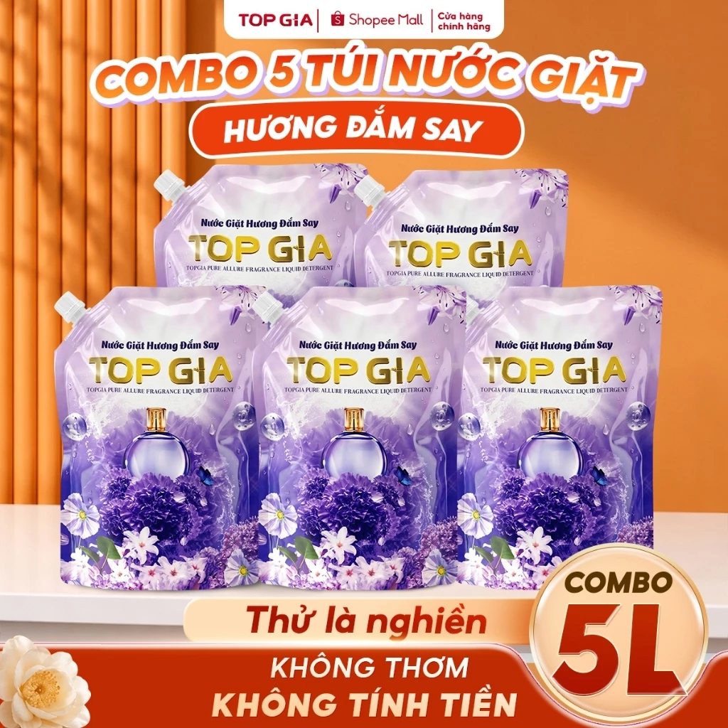 [COMBO 5L] Nước Giặt Xả TopGia Hương Đắm Say Dịu Nhẹ, Làm Sạch Vết Bẩn, Lưu Hương 72H, Túi 1L