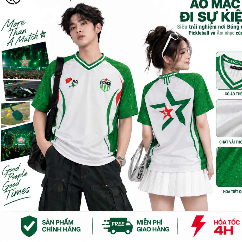 Áo Jersey Nam Nữ RICXIE Xanh Trắng, Áo Thể Thao Unisex Festival Đi Sự Kiện