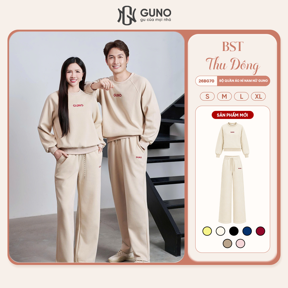 Bộ Quần Áo Nỉ Nam Nữ GUNO Cổ Tròn Logo Thêu Kèm Quần Suông Bộ Thu Đông Cao Cấp…