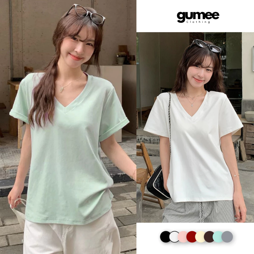 Áo thun cổ tim nữ trơn form rộng chất cotton bozip mềm mịn co giãn 4 chiều thấm hút mồ hôi Gumee-G16