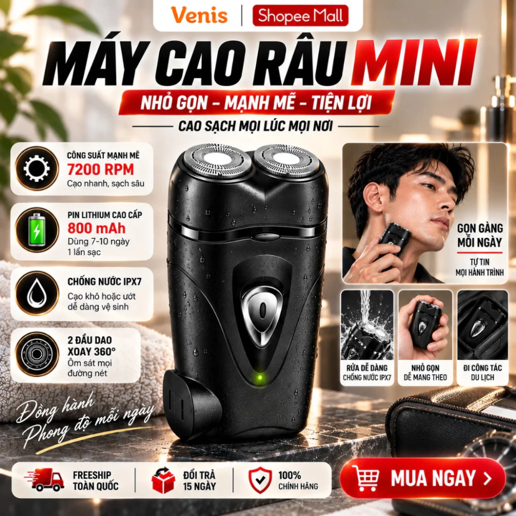 Máy Cạo Râu MEGUN Sạc Pin Thông Minh Lưỡi Dao Kép Tự Làm Sắc, Cạo Sạch Bền Bỉ