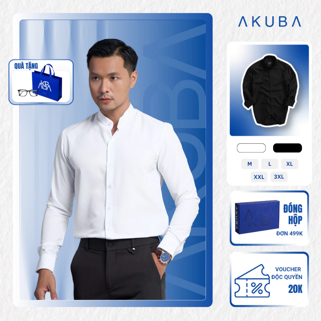 Áo sơ mi nam cổ trụ AKUBA công sở, chất liệu co giãn tốt, thoáng mát, thấm hút mồ hôi tốt 01AB2044T