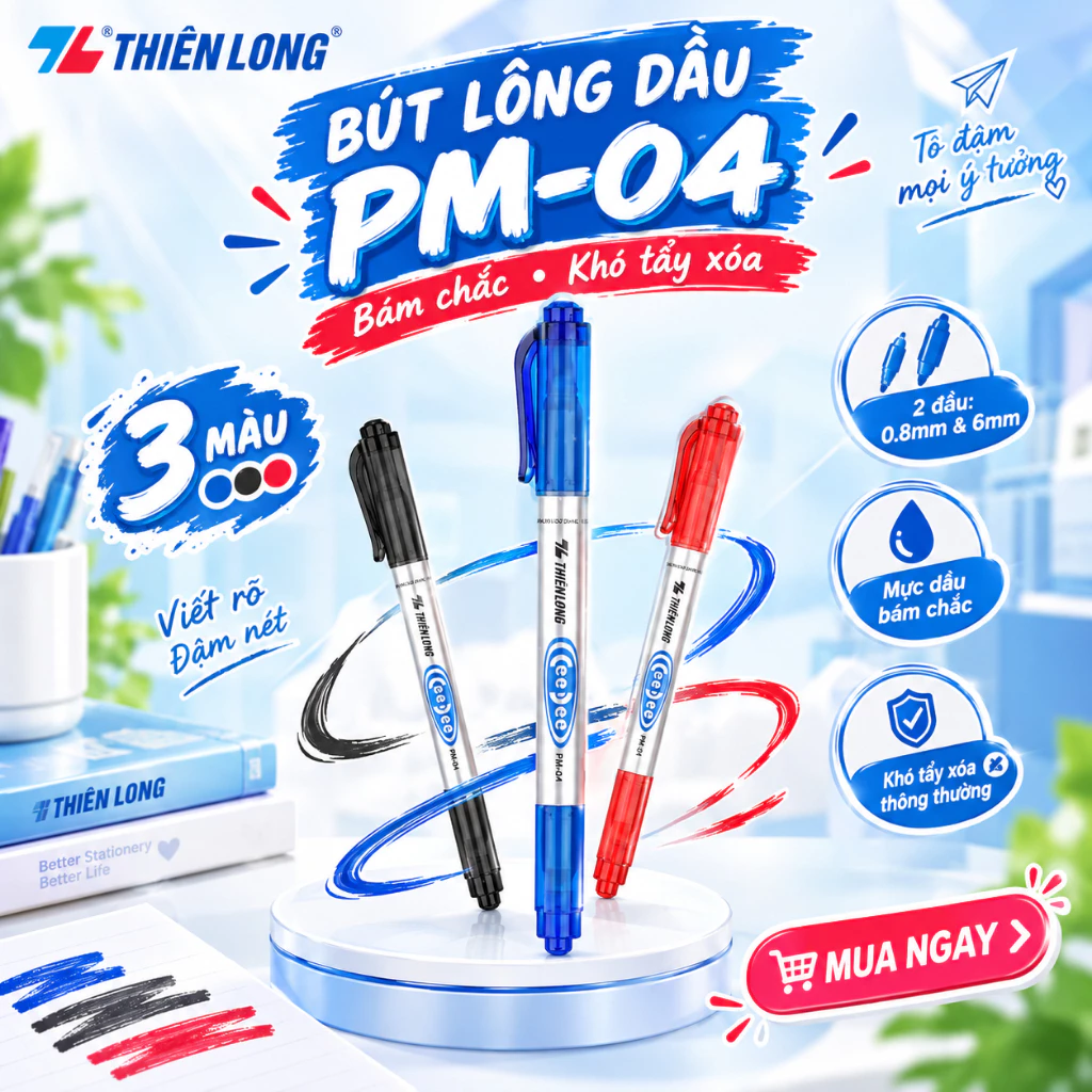 Bút lông dầu 2 đầu bút Thiên Long PM-04, 2 đầu bút kích thước 0.8 mm và 6mm,Màu mực đậm tươi, mực ra đều và liên tục