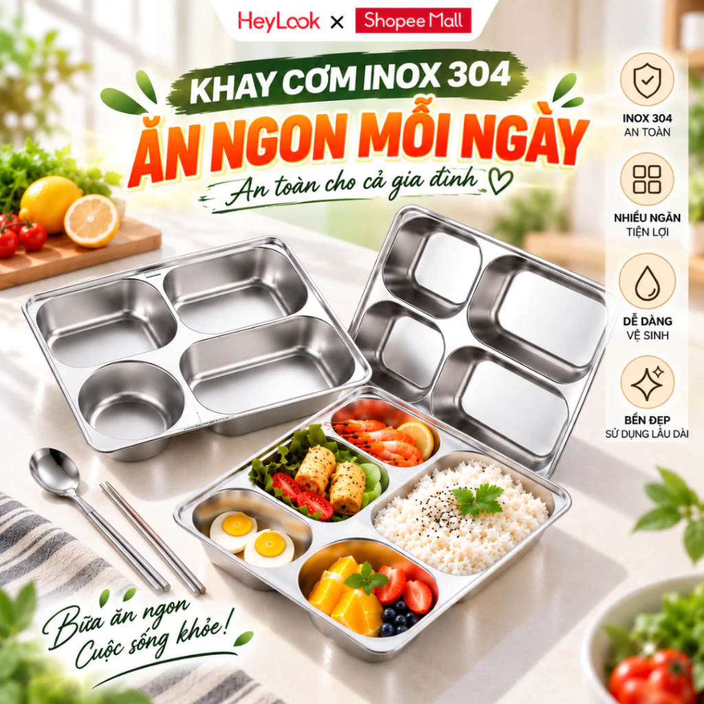 Khay Cơm Inox 304 Chia Ngăn Sâu Lòng, Khay Đựng Thức Ăn Tiện Lợi An Toàn, Dễ Vệ Sinh
