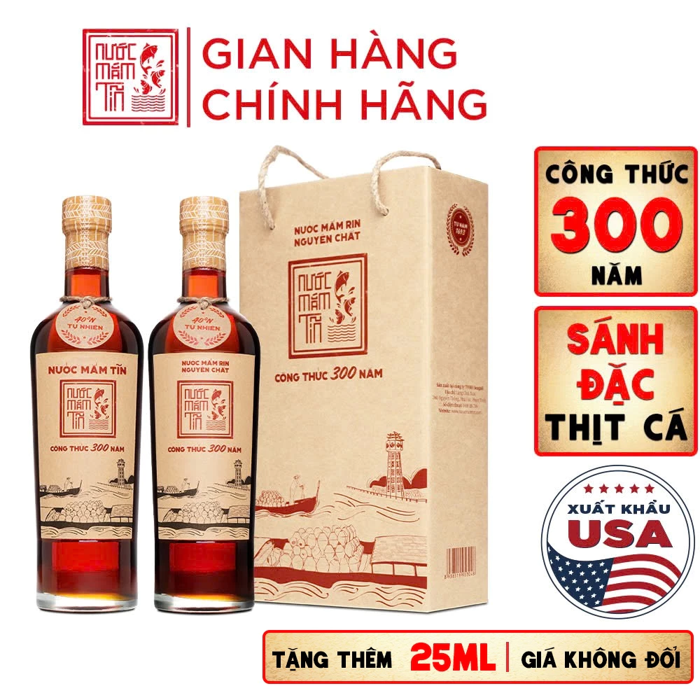 HỘP 2 CHAI Mắm Tĩn Nhãn Đỏ Độ Đạm 40N Chai Thủy Tinh 525ml/chai Rin Nguyên Chất Truyền Thống