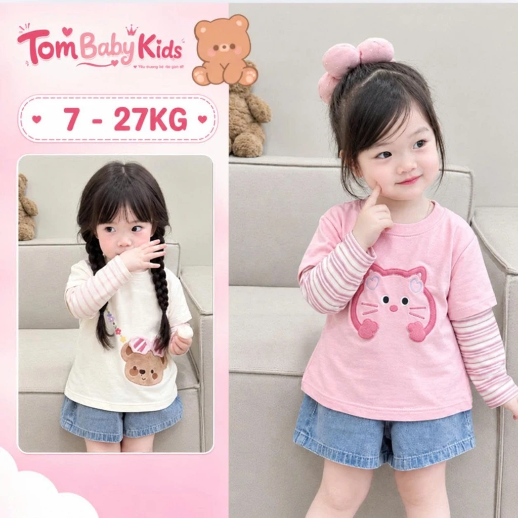 Áo thun dài tay cho bé gái, áo tay dài phối sọc vải cotton mềm mịn cho bé 7-27kg Tom Baby Kids
