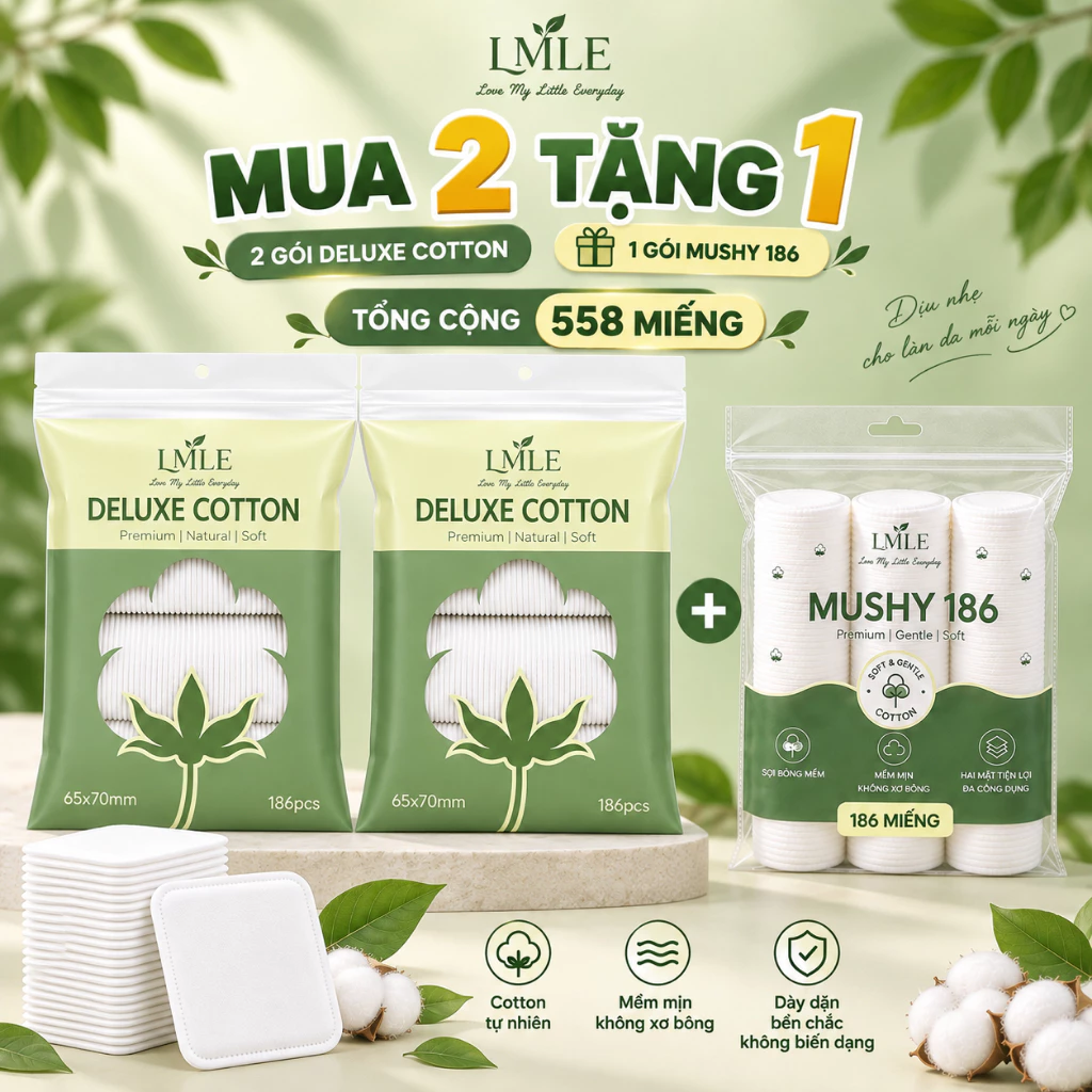 [Mua 2 Tặng 1] Bông tẩy trang DELUXE COTTON 558 miếng Big Size 65x70 mềm mịn hai mặt không sơ bông
