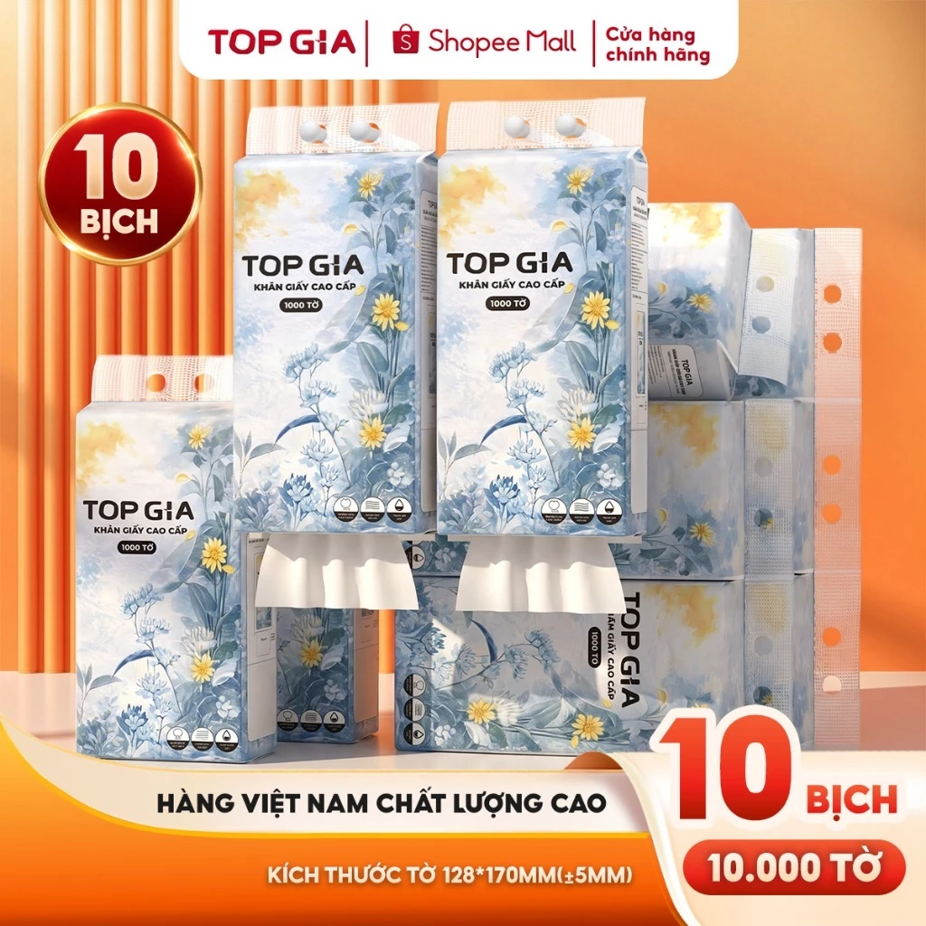 COMBO LỚN 10 bịch rút đáy mộc an Topgia 1000 tờ, 4 lớp dày dặn, hàng Việt Nam chất lượng cao, thùng 5/10 bịch