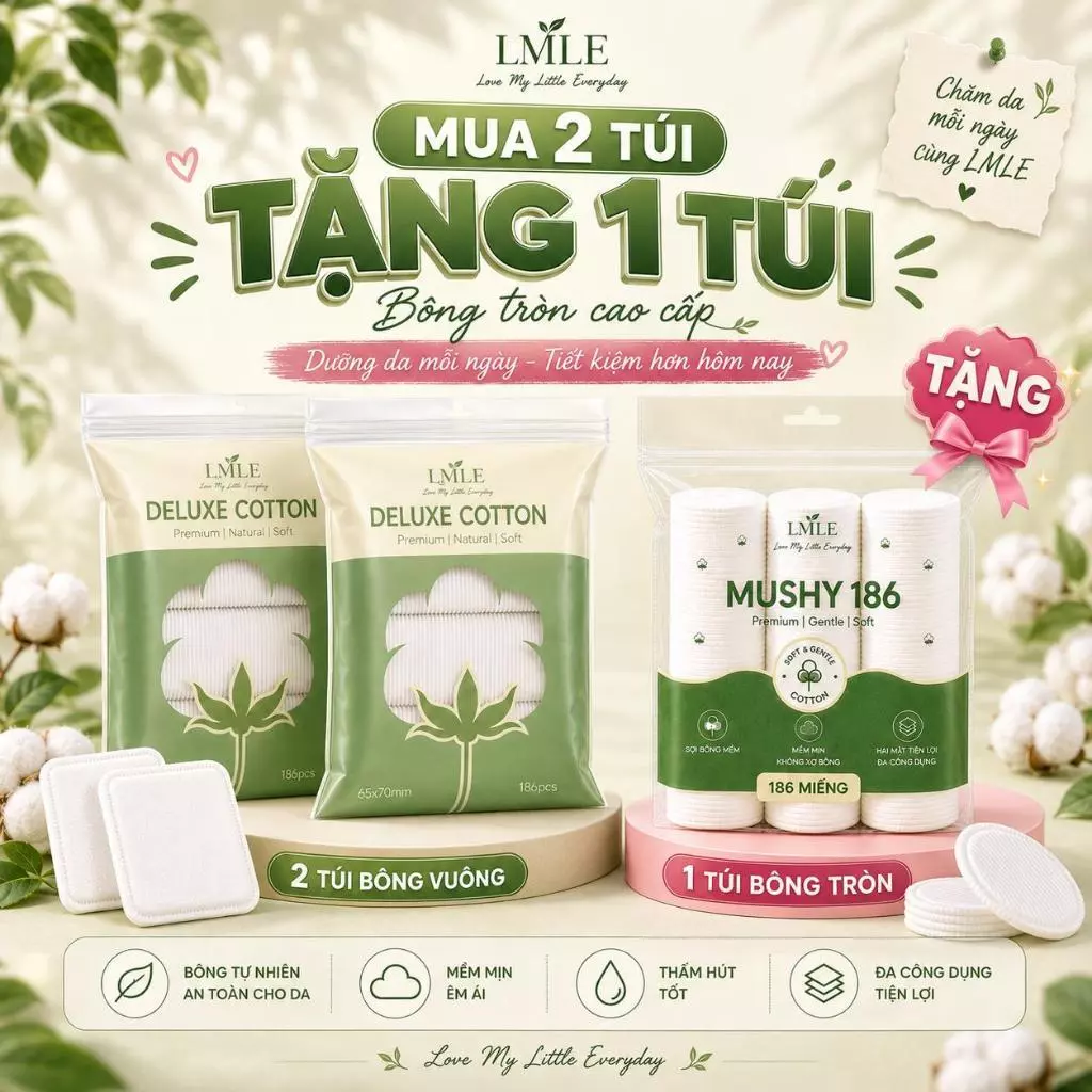 (Combo 2 gói Tặng 1) Bông tẩy trang LMLE DELUXE COTTON 186 Miếng Big Size 65x70 mềm mịn không sơ bộng không vụn bông