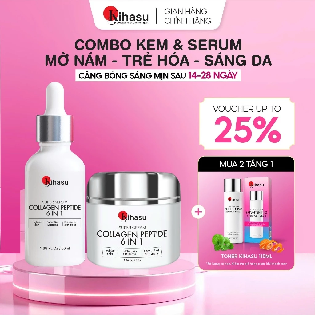Combo Serum Kem Kihasu Collagen 6IN1 Size Lớn Hỗ Trợ Mờ Thâm Nám, Dưỡng Sáng, Cấp Ẩm Da Yếu