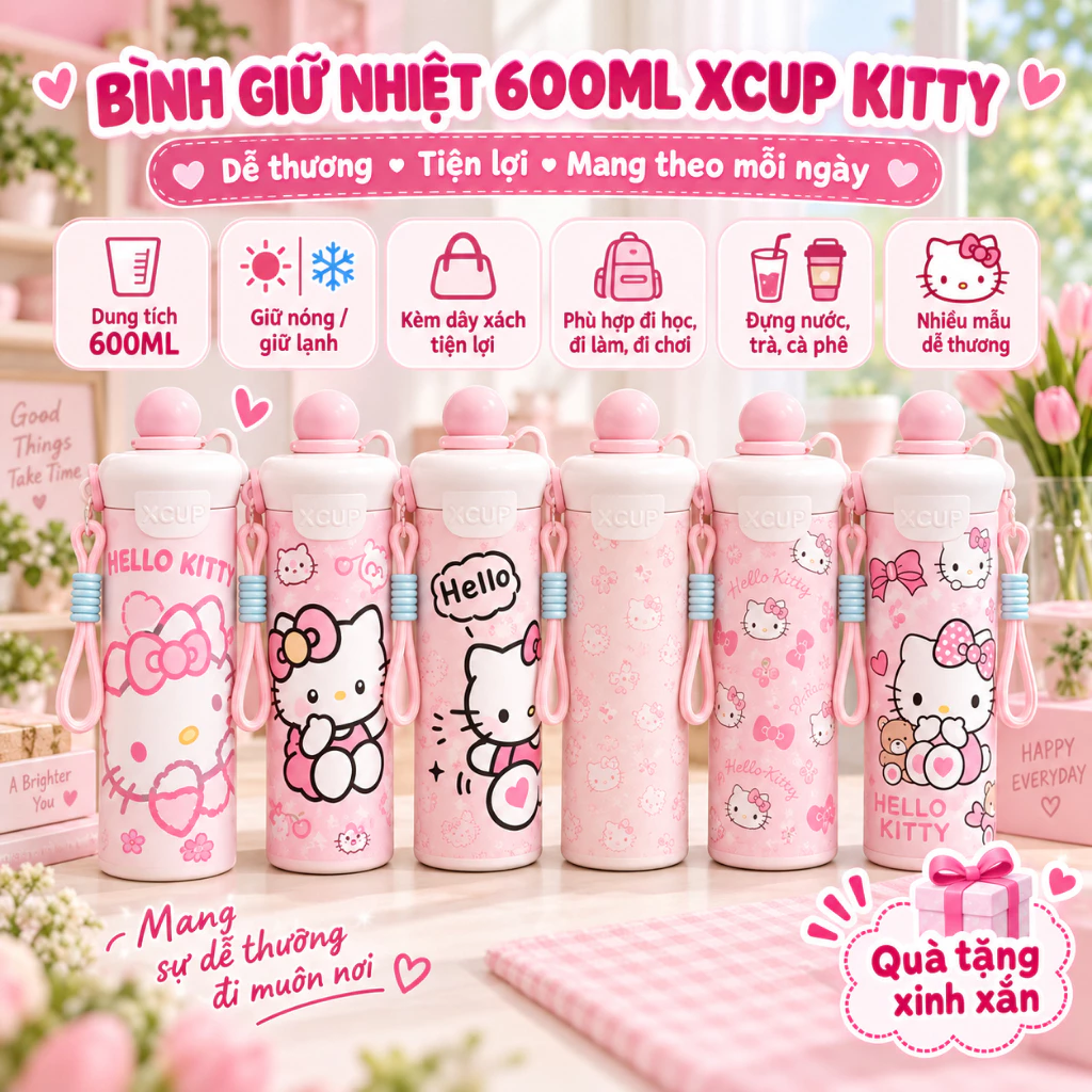 Bình giữ nhiệt XCUP KITTY Có ống hút mới, INOX 316, dung tích 600ml, dành cho học sinh, sinh viên