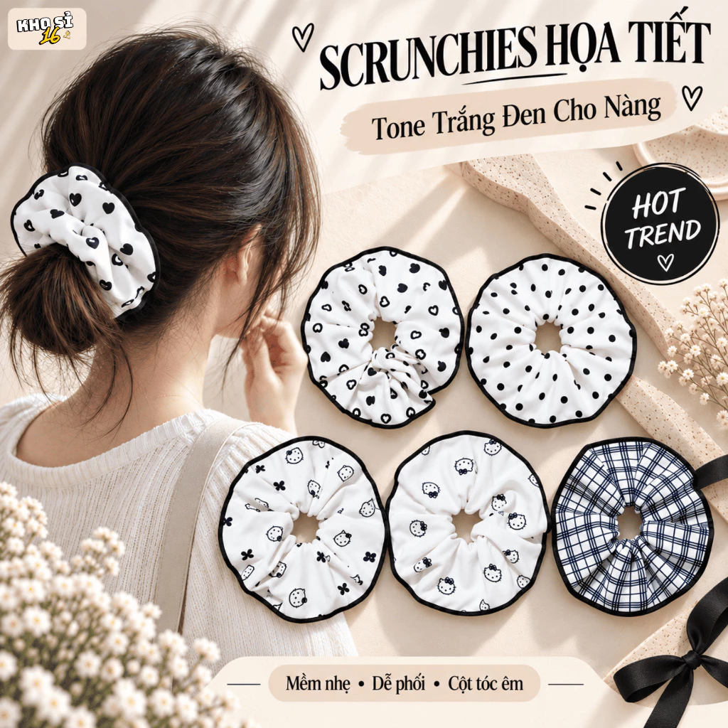 Scrunchies Tông Đen Trắng Bản Lớn, Cột Tóc Vải Phồng Họa Tiết Mèo Caro Tim Chấm Bi Đáng Yêu_khosi16-SC05