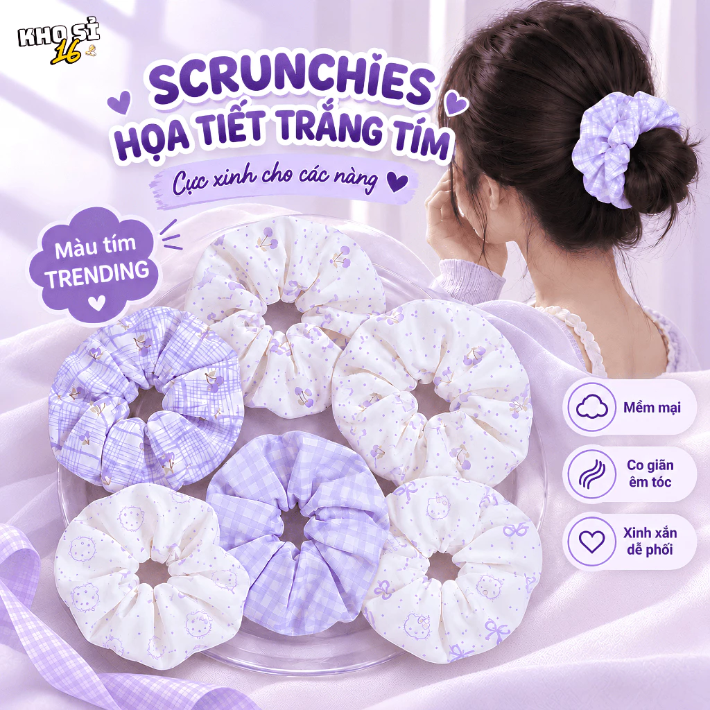 Chun Cột Tóc Nữ Scrunchie Bản Rộng Màu Tím Nhạt, Vải Phồng Mềm Họa Tiết Caro Vintage Thanh Lịch_khosi16-SC06